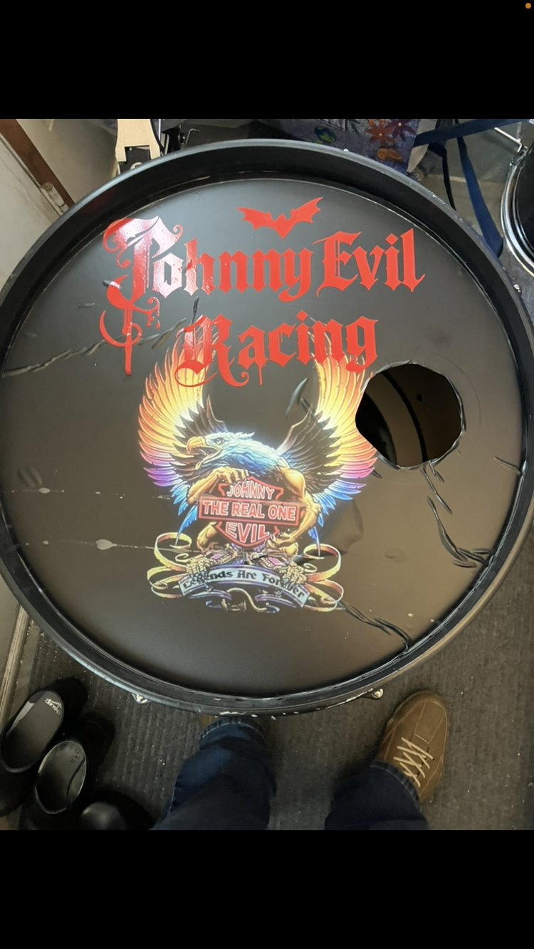 Johnny Evil Racing bass drum with eagle artwork