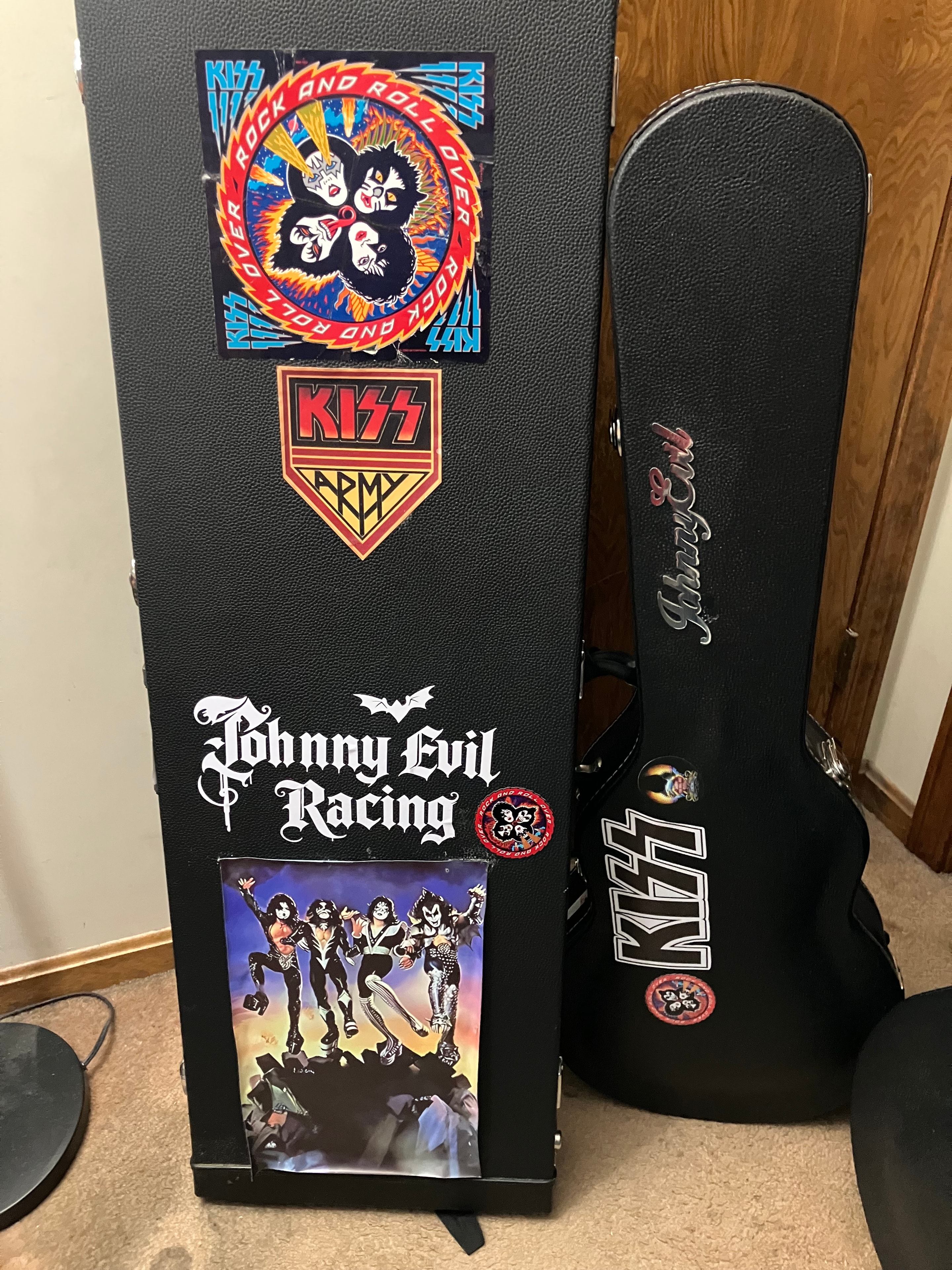 Johnny Evil Racing guitar cases with band logos